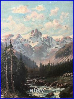 Paysage de montagne monts enneigés avec torrent Moutons signé L. Duveau 1912