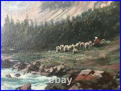 Paysage de montagne monts enneigés avec torrent Moutons signé L. Duveau 1912