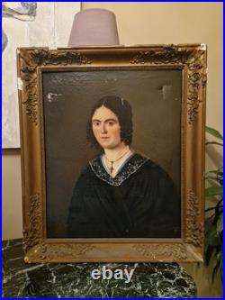 Peinture Ancienne Encadrée Huile Sur Toile Portrait De Femme XIX Ème