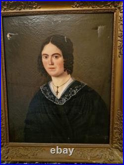 Peinture Ancienne Encadrée Huile Sur Toile Portrait De Femme XIX Ème