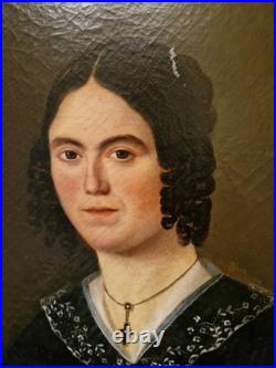Peinture Ancienne Encadrée Huile Sur Toile Portrait De Femme XIX Ème