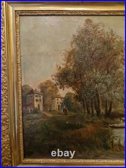 Peinture Ancienne Encadrée Huile Sur Toile Représentant Un Paysage