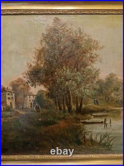 Peinture Ancienne Encadrée Huile Sur Toile Représentant Un Paysage