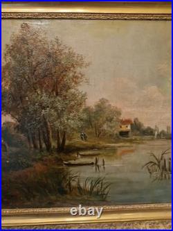 Peinture Ancienne Encadrée Huile Sur Toile Représentant Un Paysage