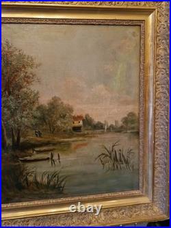 Peinture Ancienne Encadrée Huile Sur Toile Représentant Un Paysage