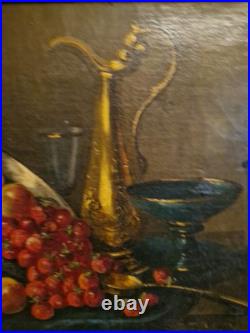 Peinture Ancienne, Huile Sur Toile Nature Morte Encadrée Et Signée