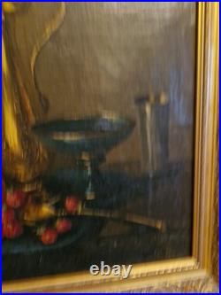 Peinture Ancienne, Huile Sur Toile Nature Morte Encadrée Et Signée