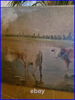 Peinture Ancienne Huile Sur Toile Représentant Des Vaches