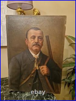 Peinture Ancienne Huile Sur Toile Représentant Un Chasseur