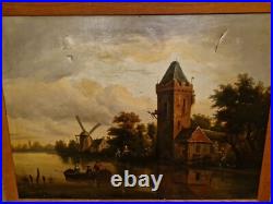 Peinture Ancienne, Huile Sur Toile Signée Chateau, Moulin, Pêcheurs