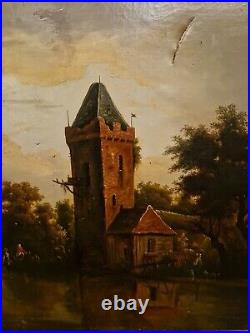 Peinture Ancienne, Huile Sur Toile Signée Chateau, Moulin, Pêcheurs