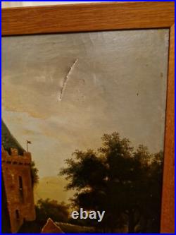 Peinture Ancienne, Huile Sur Toile Signée Chateau, Moulin, Pêcheurs
