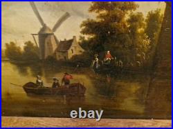 Peinture Ancienne, Huile Sur Toile Signée Chateau, Moulin, Pêcheurs