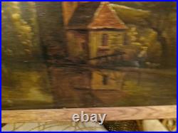 Peinture Ancienne, Huile Sur Toile Signée Chateau, Moulin, Pêcheurs