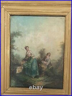 Peinture Ancienne XIX ème s, scène romantique huile sur toile