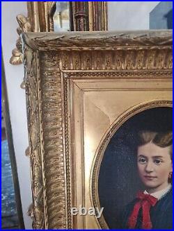 Peinture Ancienne, huile sur toile représentant une fillette, cadre doré, XIX èm