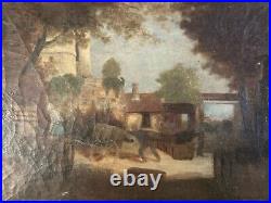 Peinture Huile Sur Toile Scène De Village Charrette Paysage XIXe Ancien Art 1850