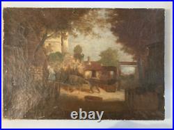 Peinture Huile Sur Toile Scène De Village Charrette Paysage XIXe Ancien Art 1850