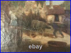 Peinture Huile Sur Toile Scène De Village Charrette Paysage XIXe Ancien Art 1850