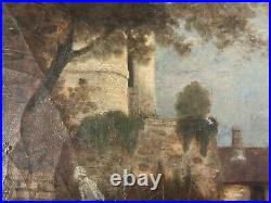 Peinture Huile Sur Toile Scène De Village Charrette Paysage XIXe Ancien Art 1850