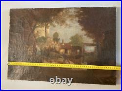 Peinture Huile Sur Toile Scène De Village Charrette Paysage XIXe Ancien Art 1850
