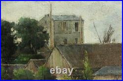 Peinture XIXè village, toits, campagne huile sur toile sans chassis