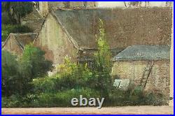 Peinture XIXè village, toits, campagne huile sur toile sans chassis