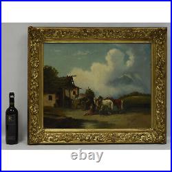 Peinture ancienne de 1880-1900 à l'huile Paysage avec des chevaux 85x72 cm