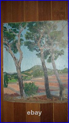 Peinture ancienne grande huile fin XIXe-début XXe Paysage de Provence Alpilles