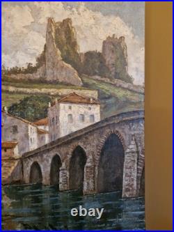 Peinture ancienne huile sur toile VUE DE VILLAGE