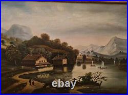 Peinture ancienne huile sur toile encadrée, paysage, lac de montagne