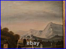 Peinture ancienne huile sur toile encadrée, paysage, lac de montagne