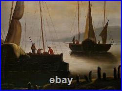 Peinture ancienne, huile sur toile, scène d'embarquement de fourrage