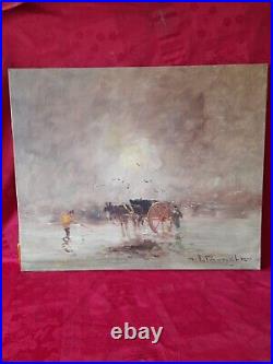 Peinture ancienne huile sur toile signé henri joseph PAUWELS pécheurs charette