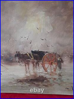 Peinture ancienne huile sur toile signé henri joseph PAUWELS pécheurs charette