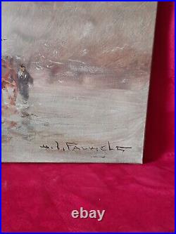 Peinture ancienne huile sur toile signé henri joseph PAUWELS pécheurs charette