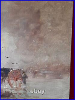 Peinture ancienne huile sur toile signé henri joseph PAUWELS pécheurs charette