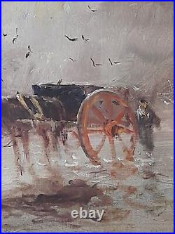 Peinture ancienne huile sur toile signé henri joseph PAUWELS pécheurs charette