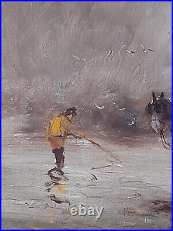 Peinture ancienne huile sur toile signé henri joseph PAUWELS pécheurs charette