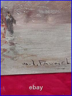Peinture ancienne huile sur toile signé henri joseph PAUWELS pécheurs charette