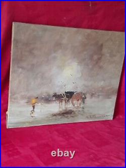 Peinture ancienne huile sur toile signé henri joseph PAUWELS pécheurs charette