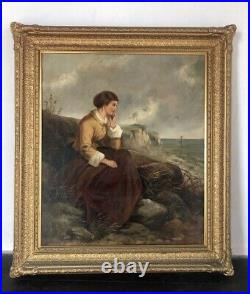 Peinture huile sur toile XIXeme 19th femme de marin bord de mer