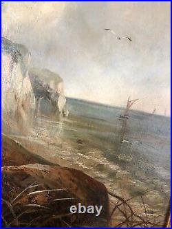 Peinture huile sur toile XIXeme 19th femme de marin bord de mer