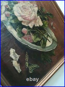 Peinture huile sur toile ancienne /nature morte /roses / H. Cayrel