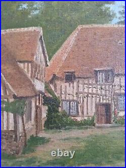 Peinture huile sur toile paysage architecture vielle maison de ferme colombages