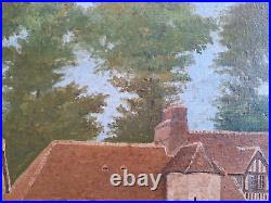 Peinture huile sur toile paysage architecture vielle maison de ferme colombages