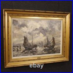 Peinture marine paysage huile toile bateaux tableau signé style ancien 900