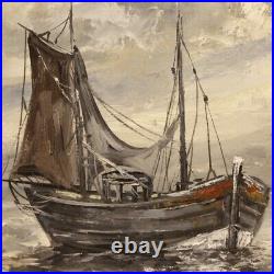 Peinture marine paysage huile toile bateaux tableau signé style ancien 900