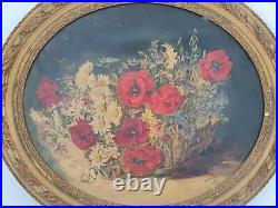 Perret, peinture ancienne huile sur toile corbeille fleurie XIX ème s