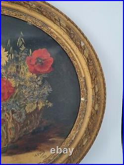 Perret, peinture ancienne huile sur toile corbeille fleurie XIX ème s
